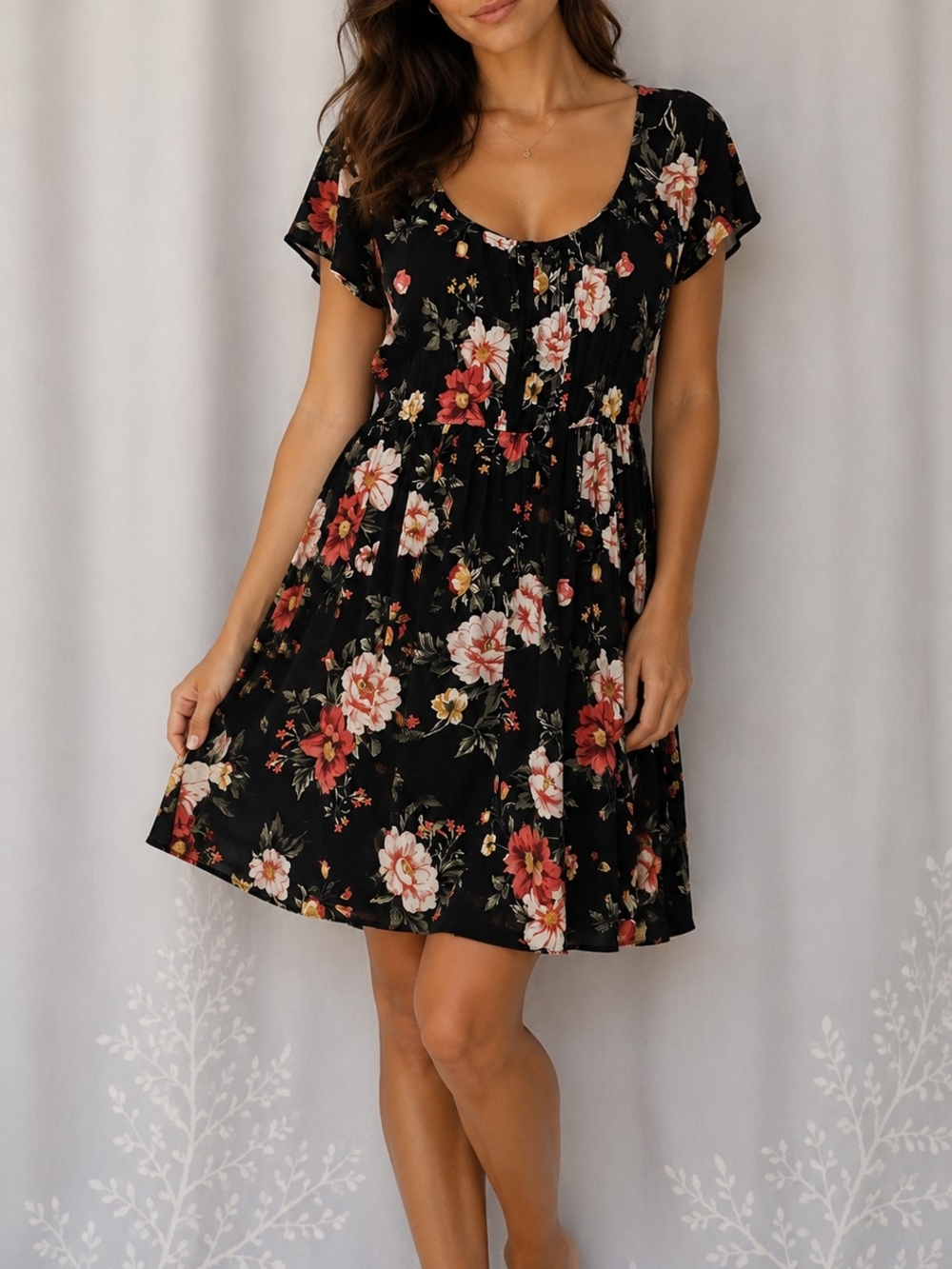 torrid Black Floral Scoop-Neck Mini Dress